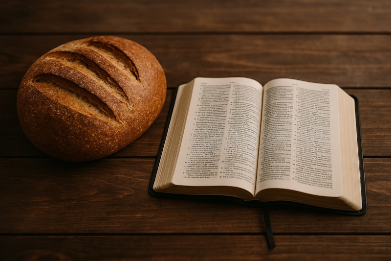 A Loaf of Bread and an open Bible for nourishment and devotions